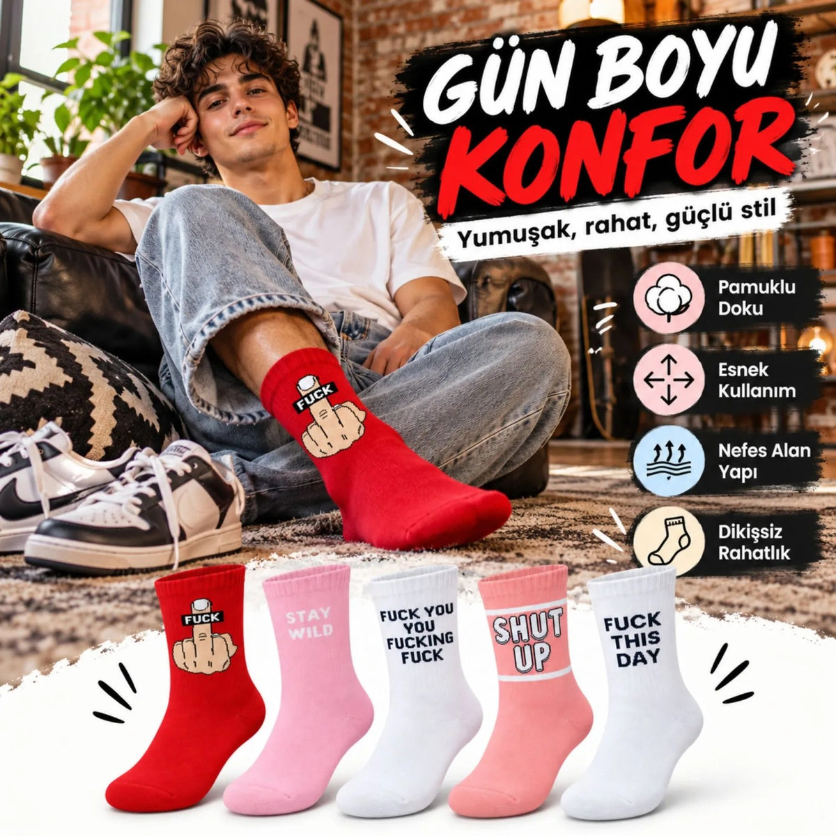 Unisex Yazılı Desenli Soket Çorap 5'li Set | Eğlenceli Sloganlı Renkli Günlük Uzun Çorap Modelleri Şık