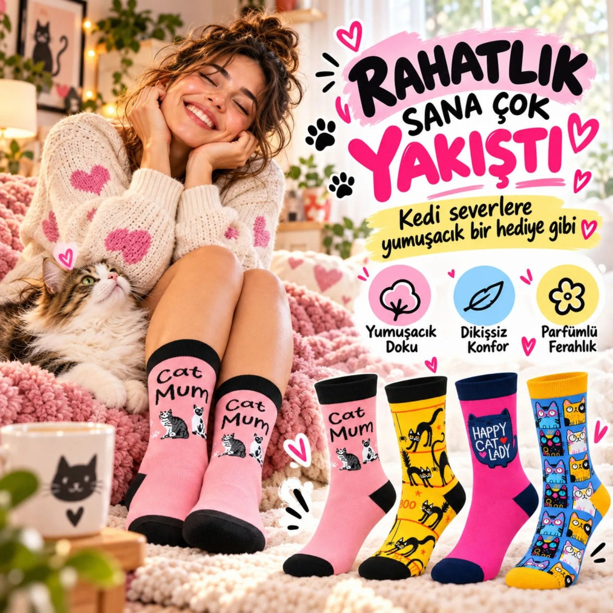 Unisex Kedi Desenli Soket Çorap 4'lü Set | Renkli Eğlenceli Cat Mum Happy Cat Lady Günlük Çorap Seti