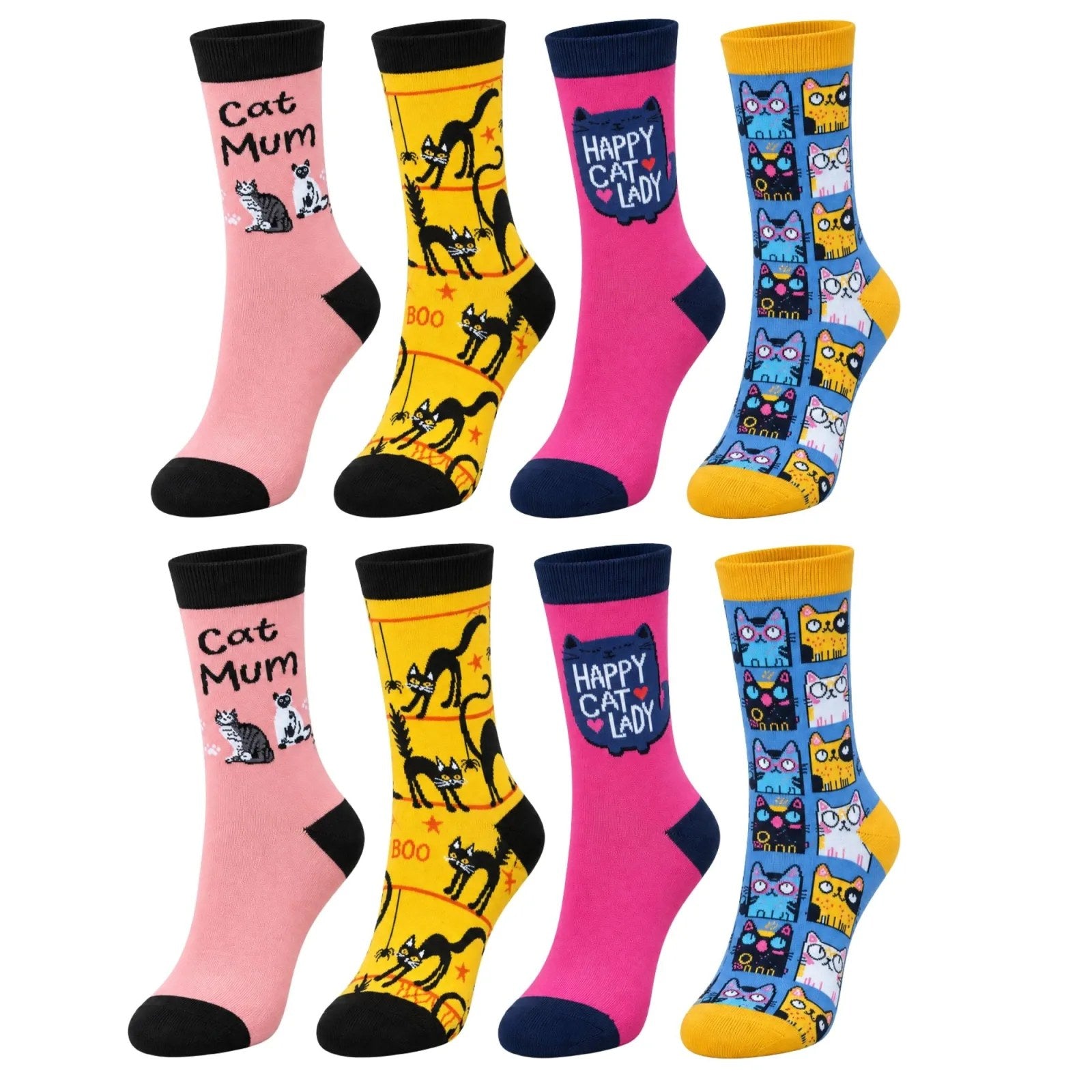 Unisex Kedi Desenli Soket Çorap 8'li Set | Renkli Cat Mum Happy Cat Lady Eğlenceli Günlük Spor Çorap