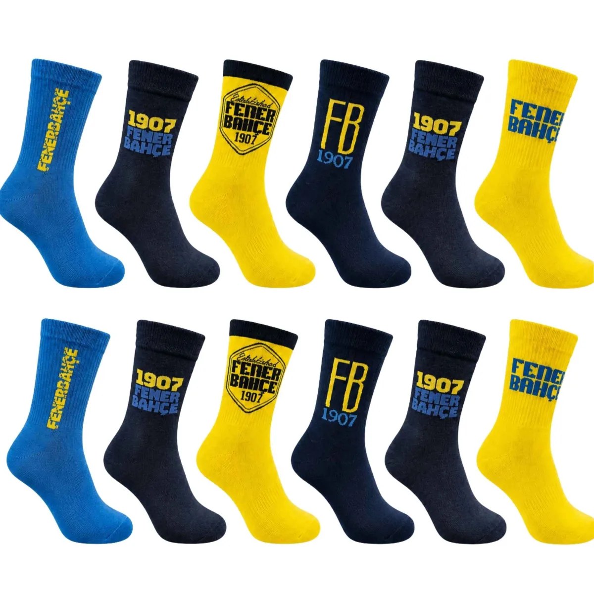 Fenerbahçe Taraftar Çorabı 6’lı Set – Sarı Lacivert FB 1907 Desenli Yetişkin Günlük Çorap