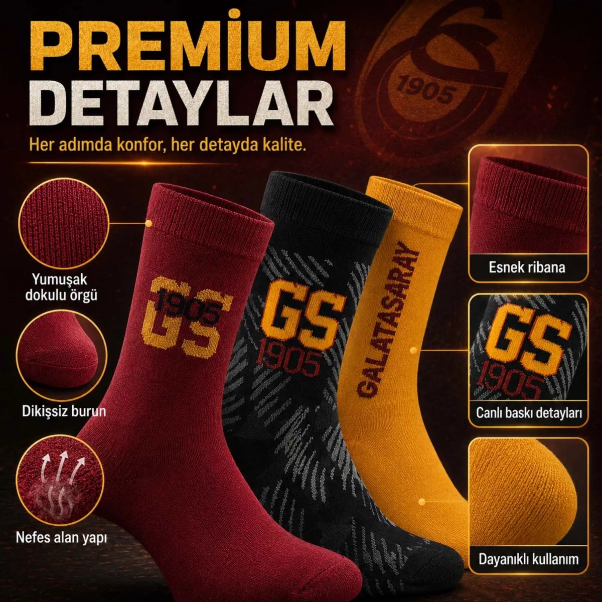 Galatasaray Lisanslı Yetişkin Çorap 6’lı Set – Kadın Erkek GS Taraftar Çorabı, Dikişsiz ve Esnek