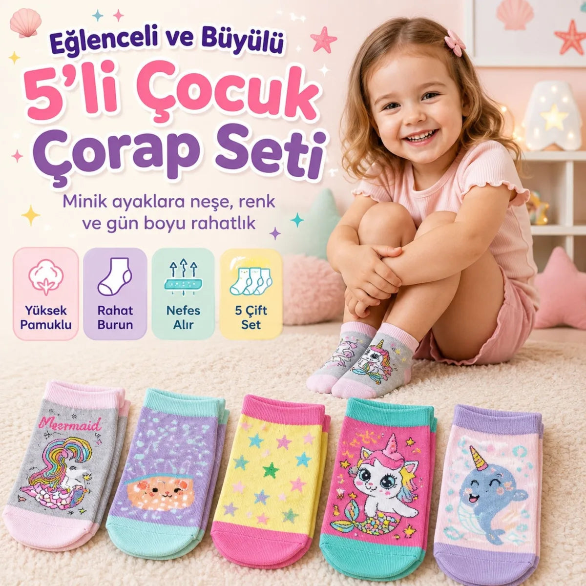 5’li Kız Çocuk Çorap Seti Deniz Kızı Unicorn Desenli Pamuklu Rahat Burunlu Renkli