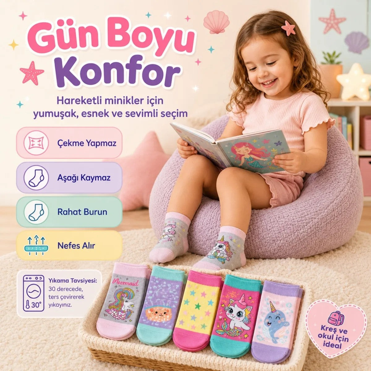 5’li Kız Çocuk Çorap Seti Deniz Kızı Unicorn Desenli Pamuklu Rahat Burunlu Renkli