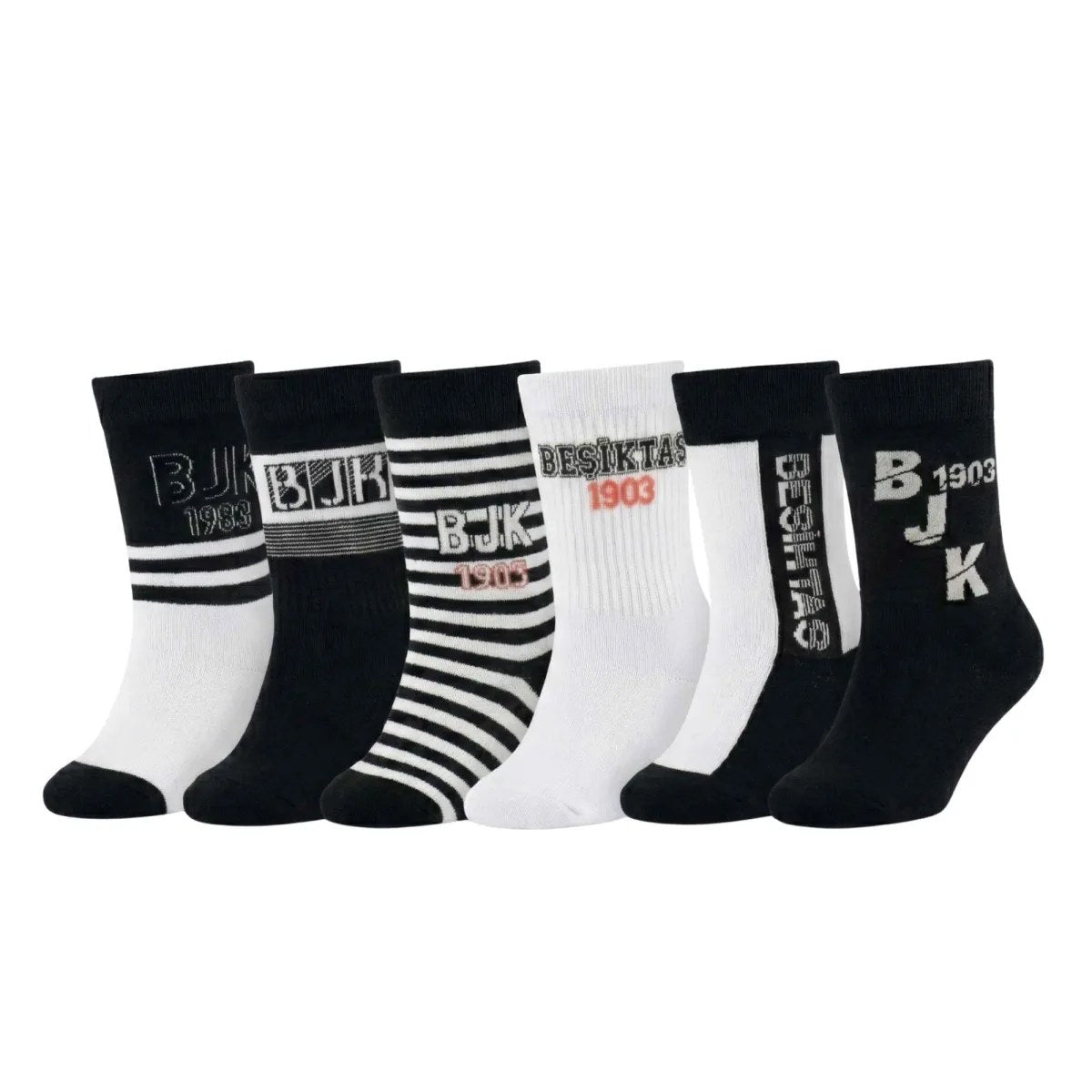 Beşiktaş Taraftar Çorabı 6’lı Set – Siyah Beyaz BJK 1903 Desenli Yetişkin Günlük Çorap