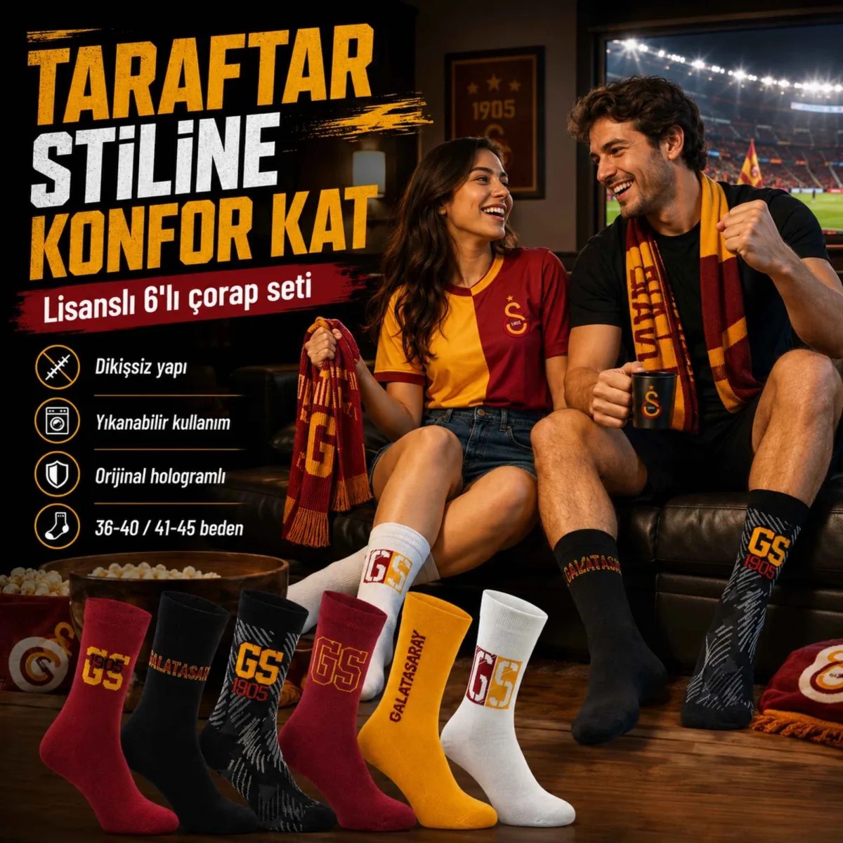 Galatasaray Lisanslı Yetişkin Çorap 6’lı Set – Kadın Erkek GS Taraftar Çorabı, Dikişsiz ve Esnek