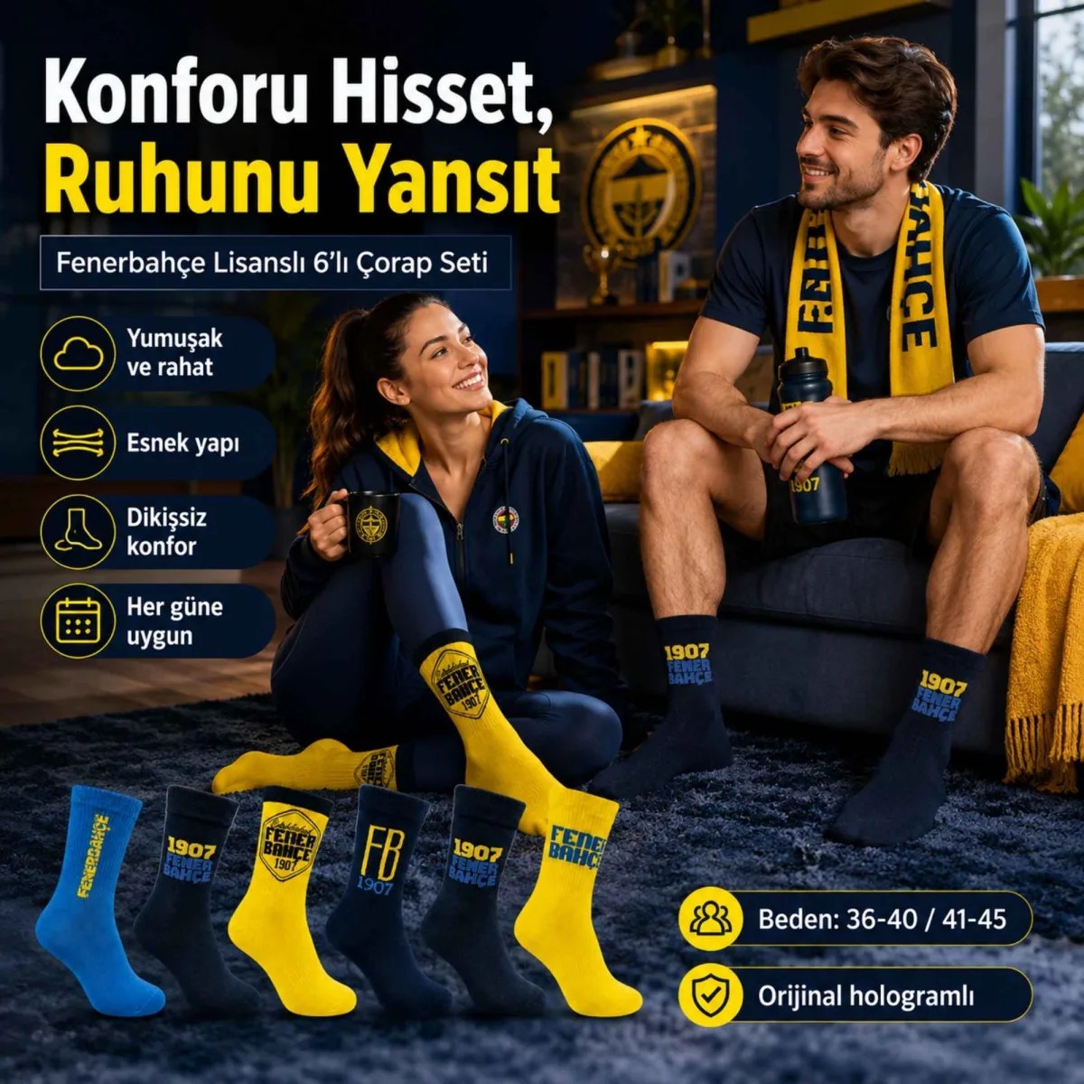 Fenerbahçe Taraftar Çorabı 6’lı Set – Sarı Lacivert FB 1907 Desenli Yetişkin Günlük Çorap
