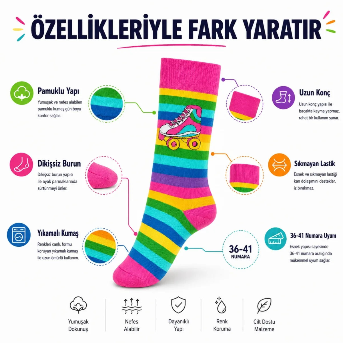 Gökkuşağı Çizgili Retro Paten Desenli Soket Çorap Pamuklu Dikişsiz Burun 36-40 Numara Uzun Konç