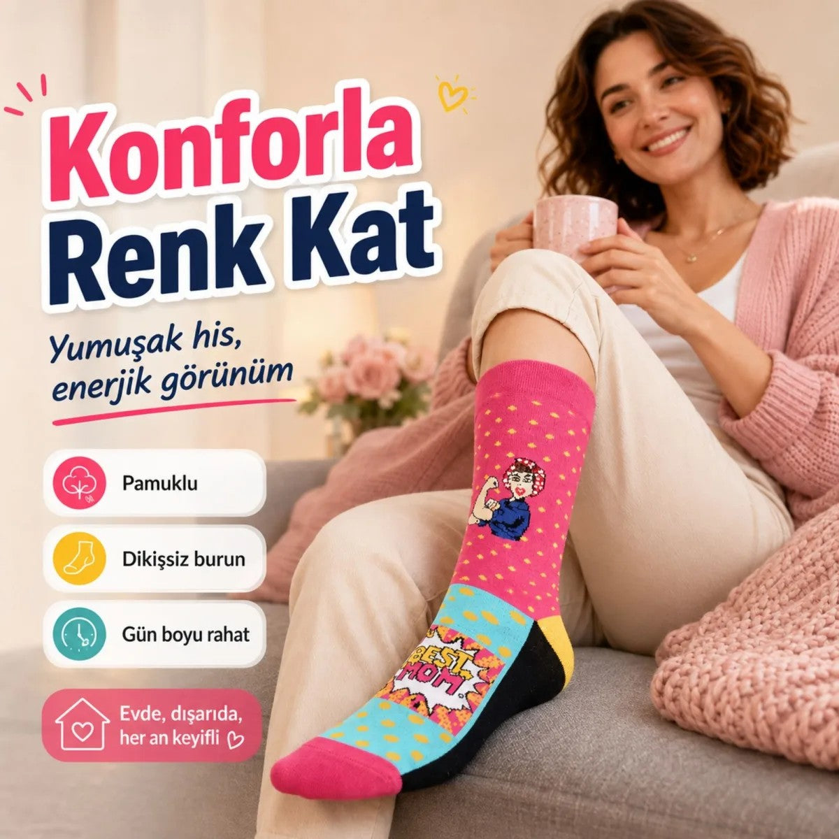 Best Mom Kadın Çorabı 36-40 Pamuklu Dikişsiz Burun Pop Art Desenli Renkli Soket Hediyelik Çorap
