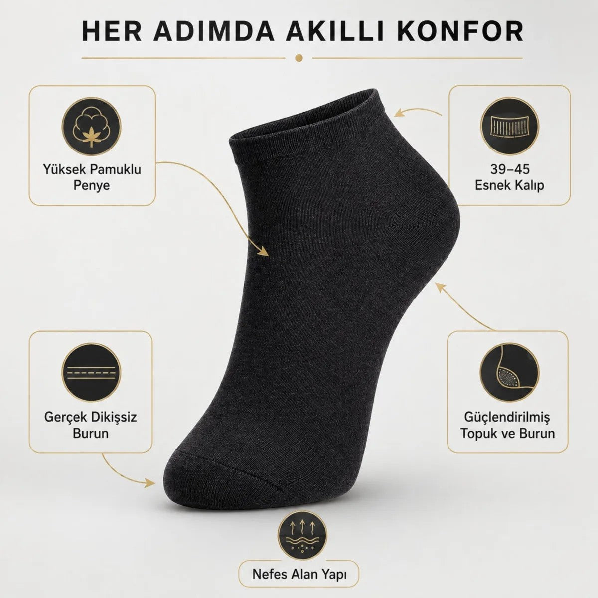 Erkek Pamuklu Patik Çorap 12’li Paket 39-44 | Dikişsiz Burun, Koku Karşıtı, Nefes Alan Kısa Konç Sneaker Çorabı