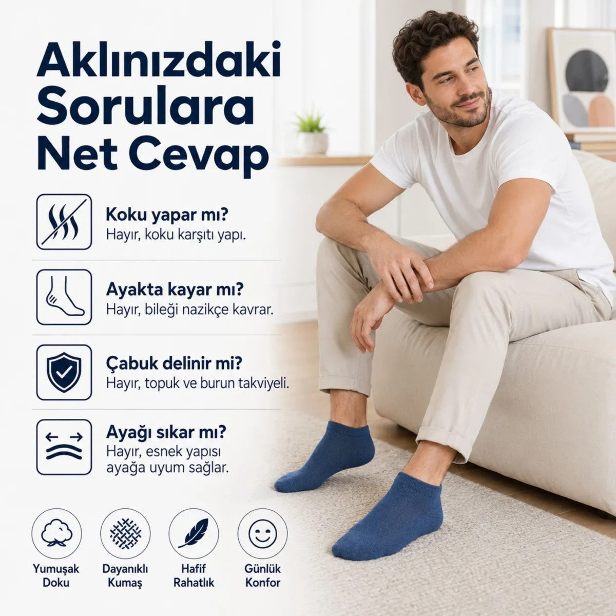 Erkek Pamuklu Patik Çorap 6’lı Paket 39-44 | Dikişsiz Burun, Koku Karşıtı, Nefes Alan Kısa Konç Sneaker Çorabı