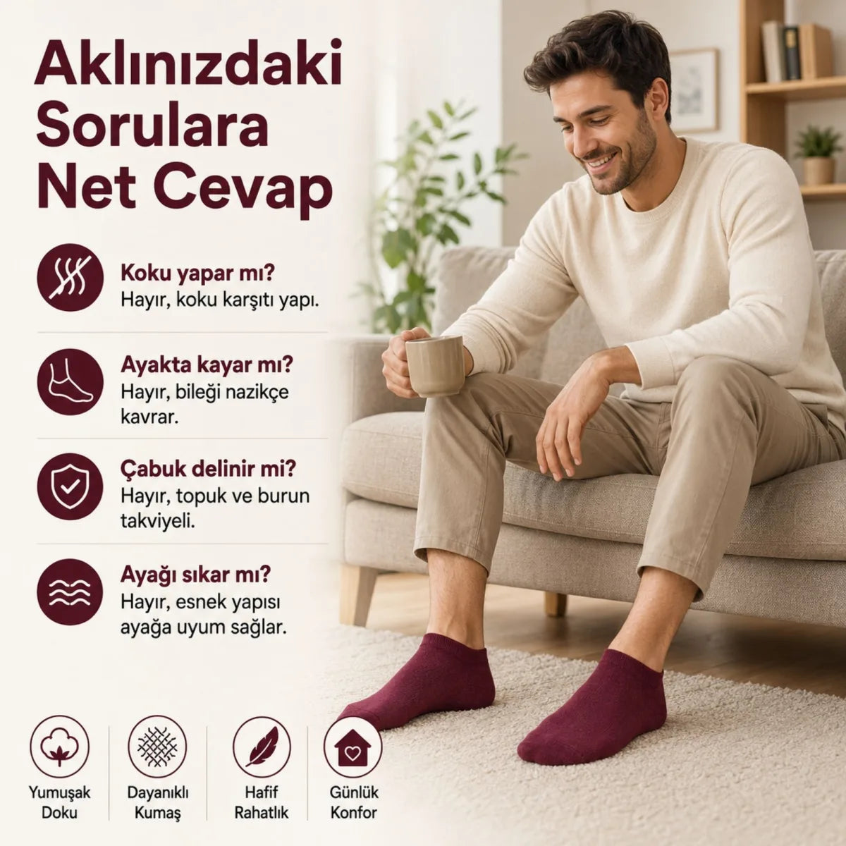 Erkek Pamuklu Patik Çorap 6’lı Paket 39-44 | Dikişsiz Burun, Koku Karşıtı, Nefes Alan Kısa Konç Sneaker Çorabı