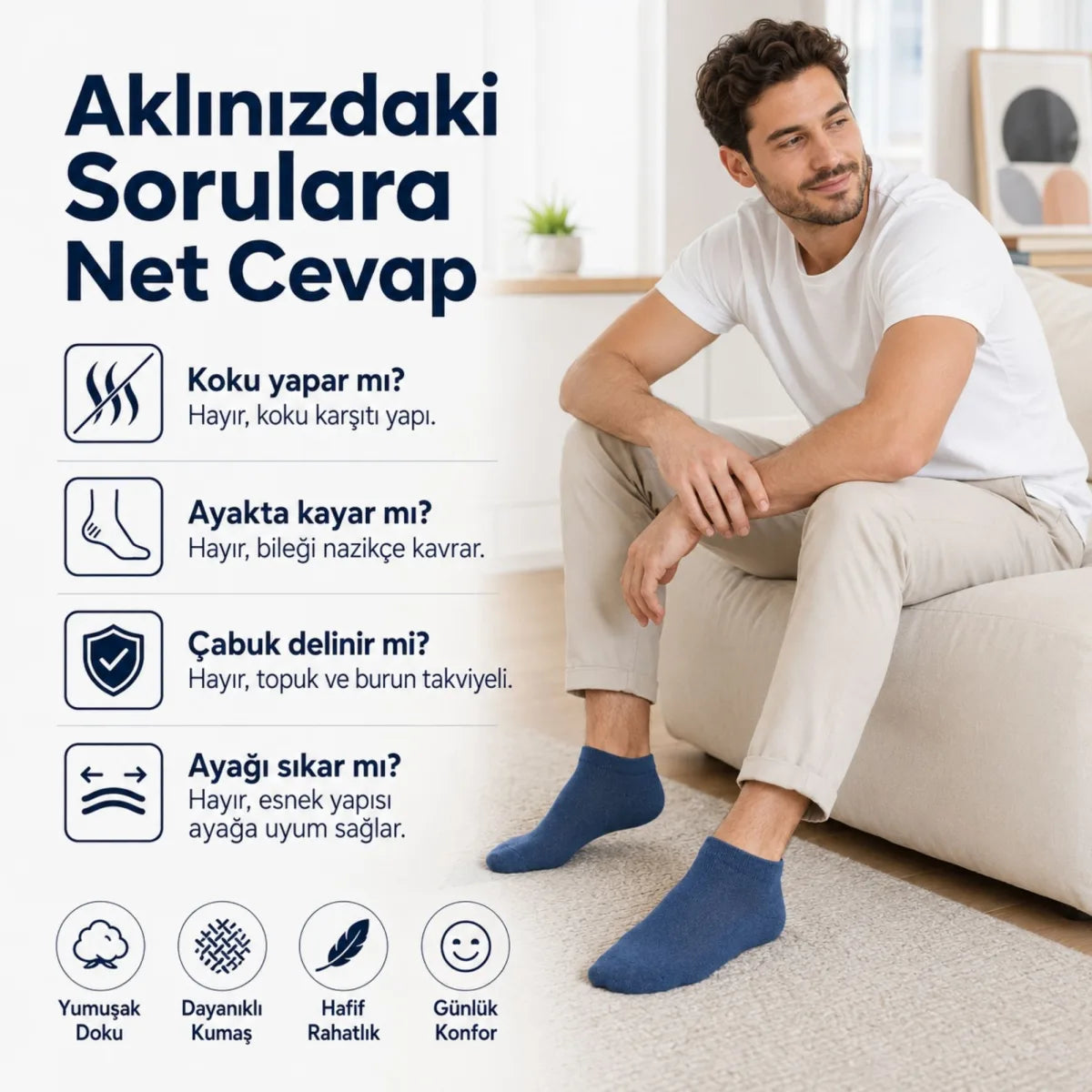 Erkek Pamuklu Patik Çorap 10’lu Paket 39-44 | Dikişsiz Burun, Koku Karşıtı, Nefes Alan Kısa Konç Sneaker Çorabı