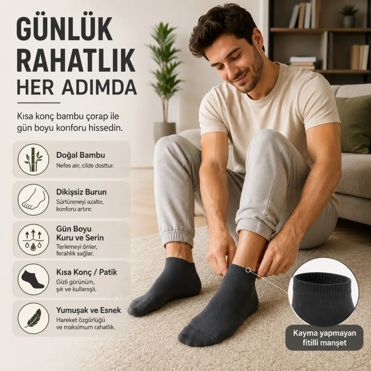 Erkek Kısa Konç 6’lı Bambu Çorap 39-44 Dikişsiz Burun Nefes Alan Yumuşak Günlük Patik Çorap