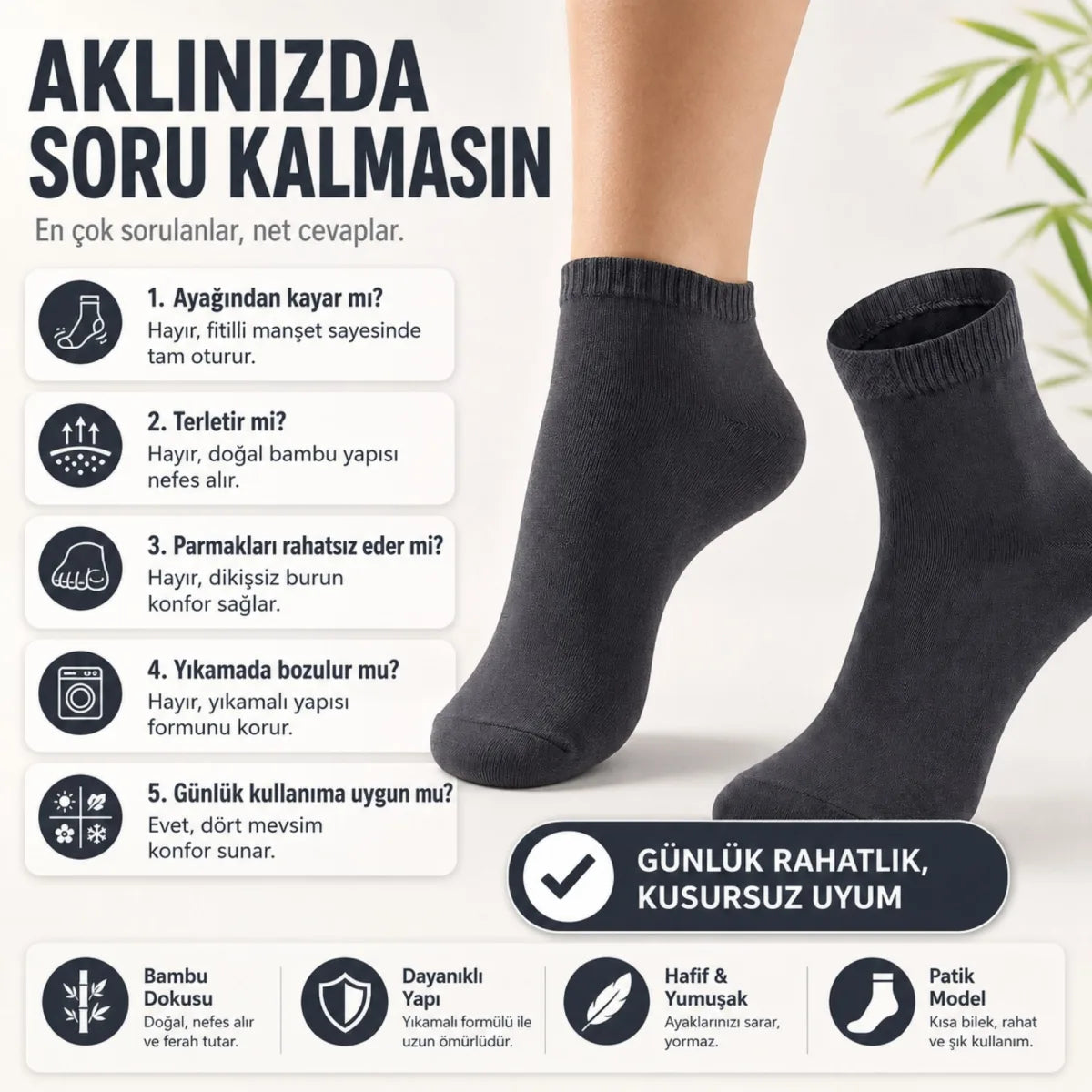 Erkek Kısa Konç Bambu Çorap Çok Renkli 39-44 Dikişsiz Burun Nefes Alan Yumuşak Günlük Patik Çorap