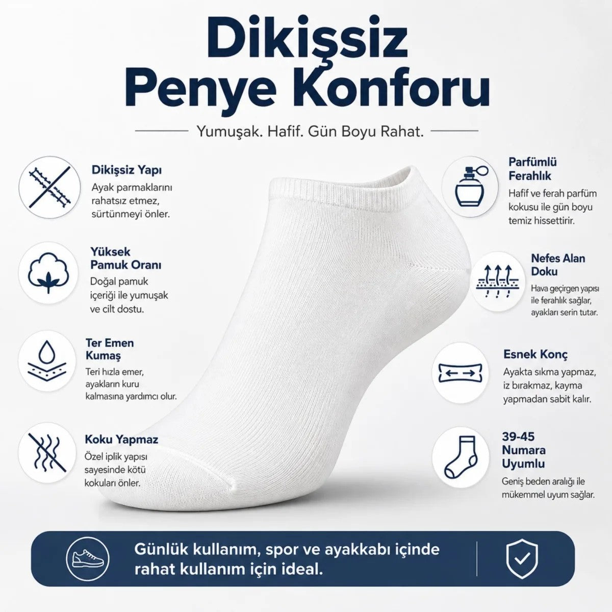 Erkek Patik Çorap 12’li Renk Seçenekleri 39-44 Yüksek Pamuklu Dikişsiz Koku Karşıtı