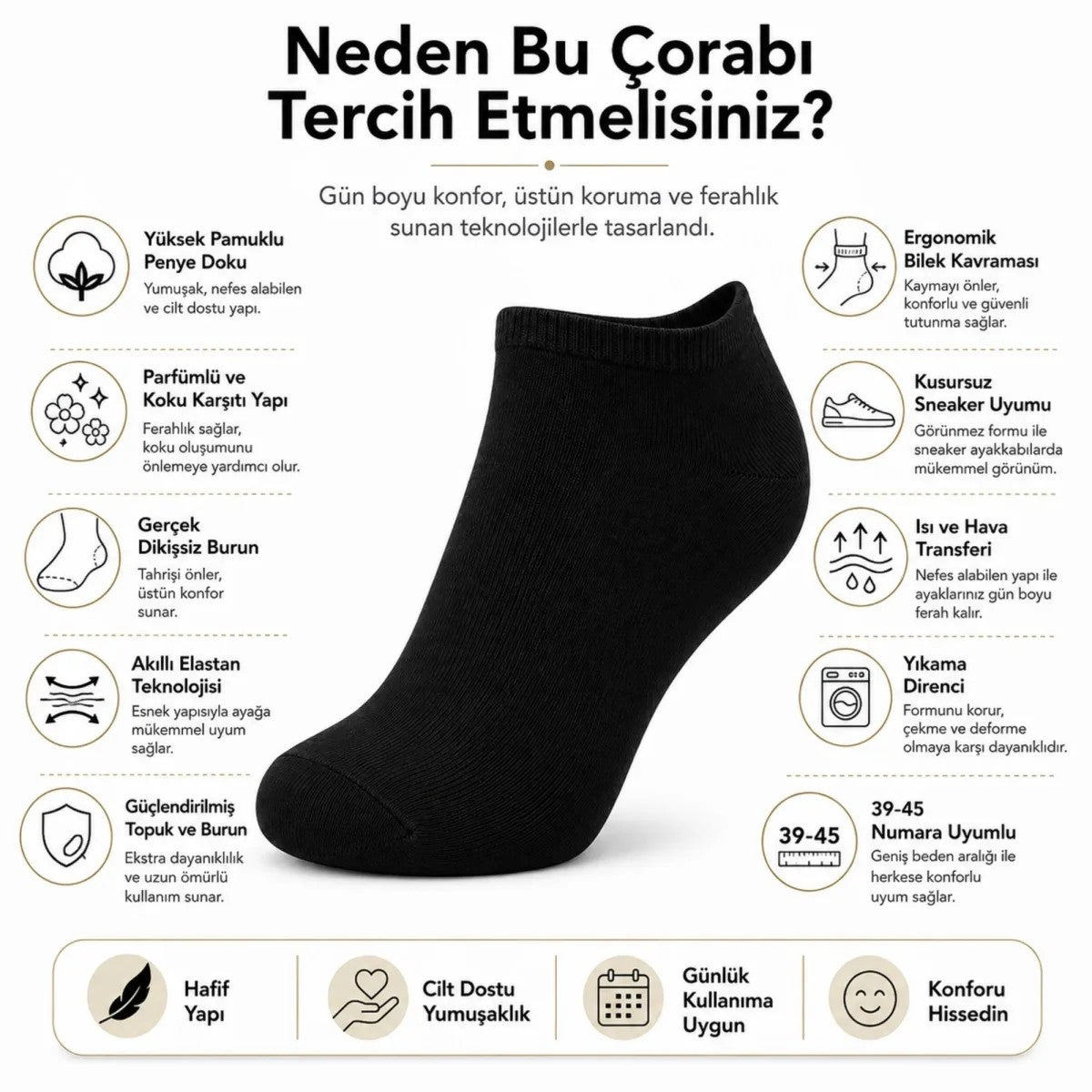 Erkek Patik Çorap 6’lı Siyah Beyaz Lacivert 39-44 Yüksek Pamuklu Dikişsiz Koku Karşıtı