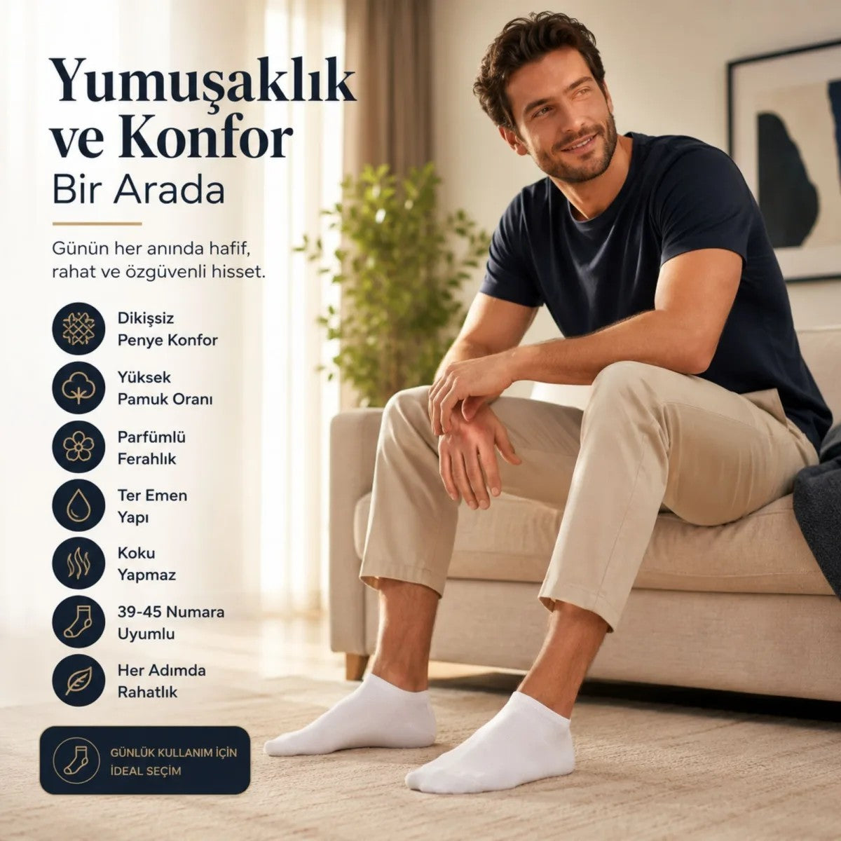 Erkek Patik Çorap 6’lı Siyah Beyaz Lacivert 39-44 Yüksek Pamuklu Dikişsiz Koku Karşıtı