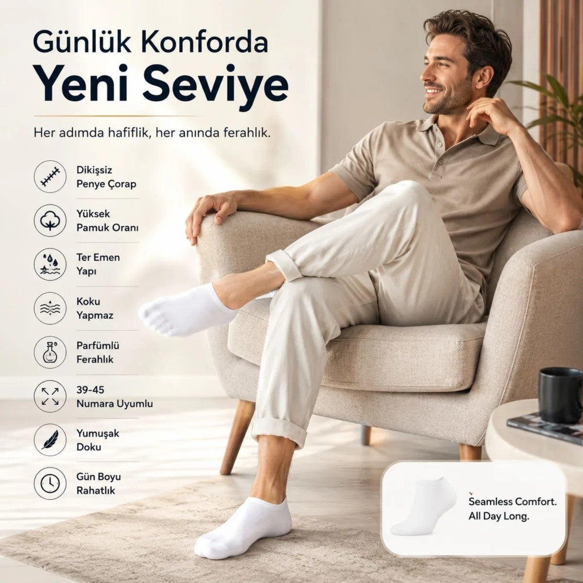 Erkek Patik Çorap 6’lı Siyah Beyaz Lacivert 39-44 Yüksek Pamuklu Dikişsiz Koku Karşıtı
