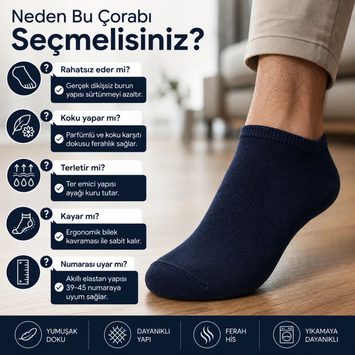Erkek Patik Çorap 6’lı Siyah Beyaz Lacivert 39-44 Yüksek Pamuklu Dikişsiz Koku Karşıtı