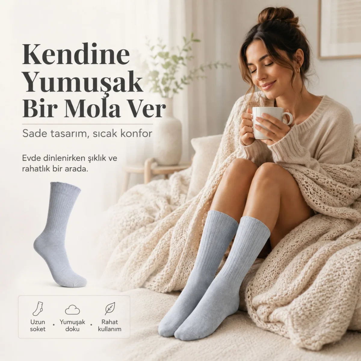 Kadın Uyku Çorabı 37-41 Uzun Soket Yumuşak Fitilli Sıkmayan Esnek Ev Çorabı Gri Bej