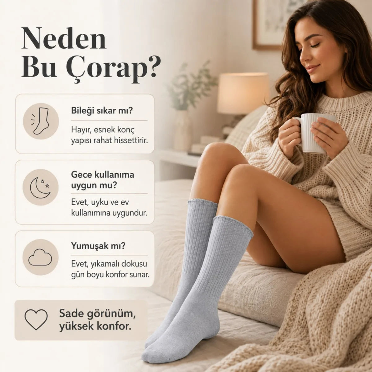 Kadın Uyku Çorabı 37-41 Uzun Soket Yumuşak Fitilli Sıkmayan Esnek Ev Çorabı Gri Bej