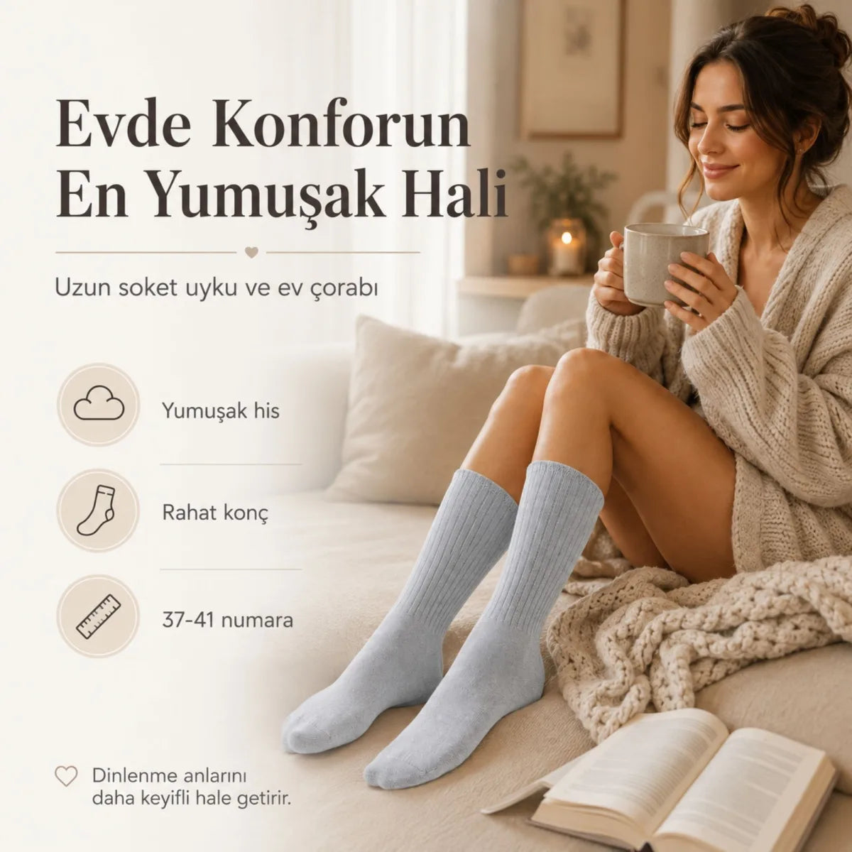 Kadın Uyku Çorabı 37-41 Uzun Soket Yumuşak Fitilli Sıkmayan Esnek Ev Çorabı Gri Bej