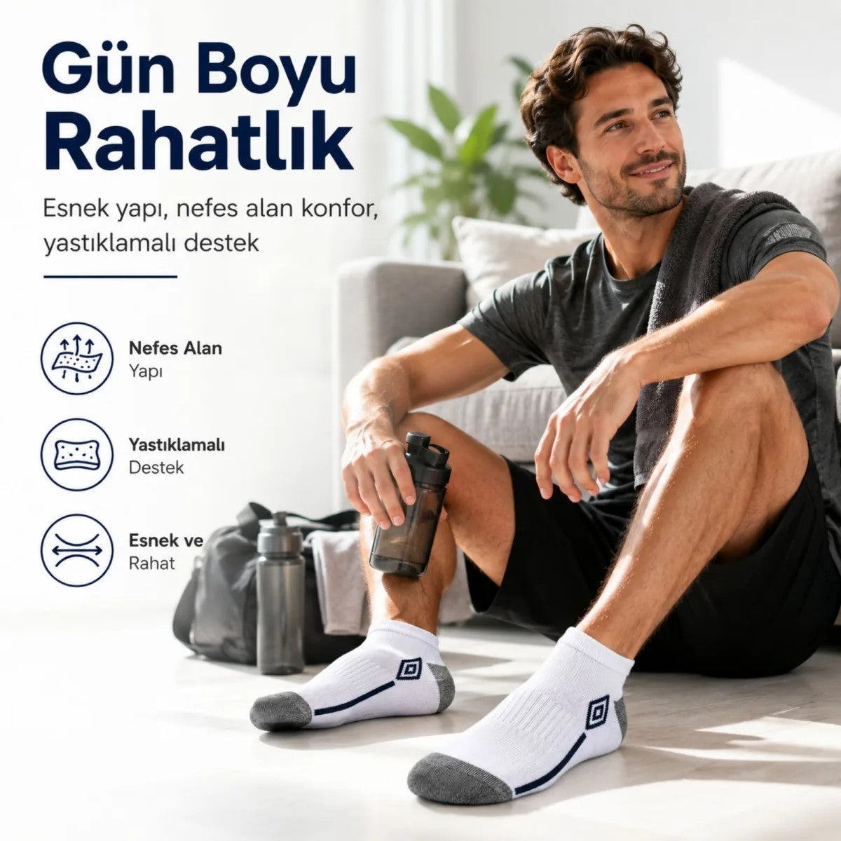 Erkek 3’lü Spor Patik Çorap 39-44 Pamuklu Havlu Destekli Bilek Boy Beyaz Gri