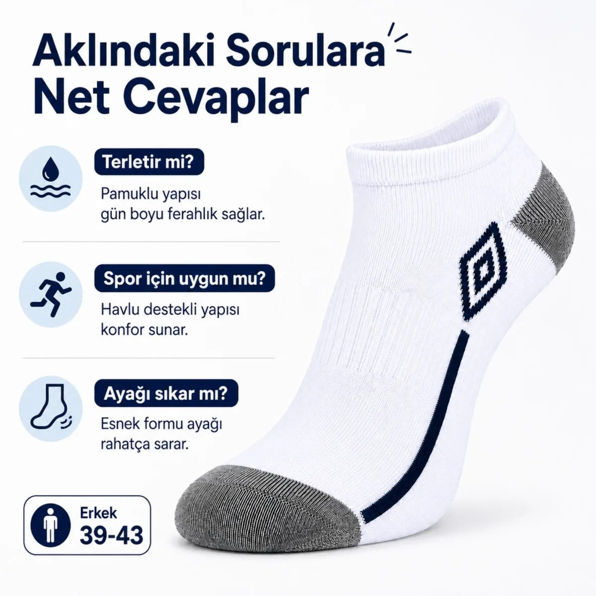 Erkek 6’lı Spor Patik Çorap 39-44 Pamuklu Havlu Destekli Bilek Boy Beyaz Gri