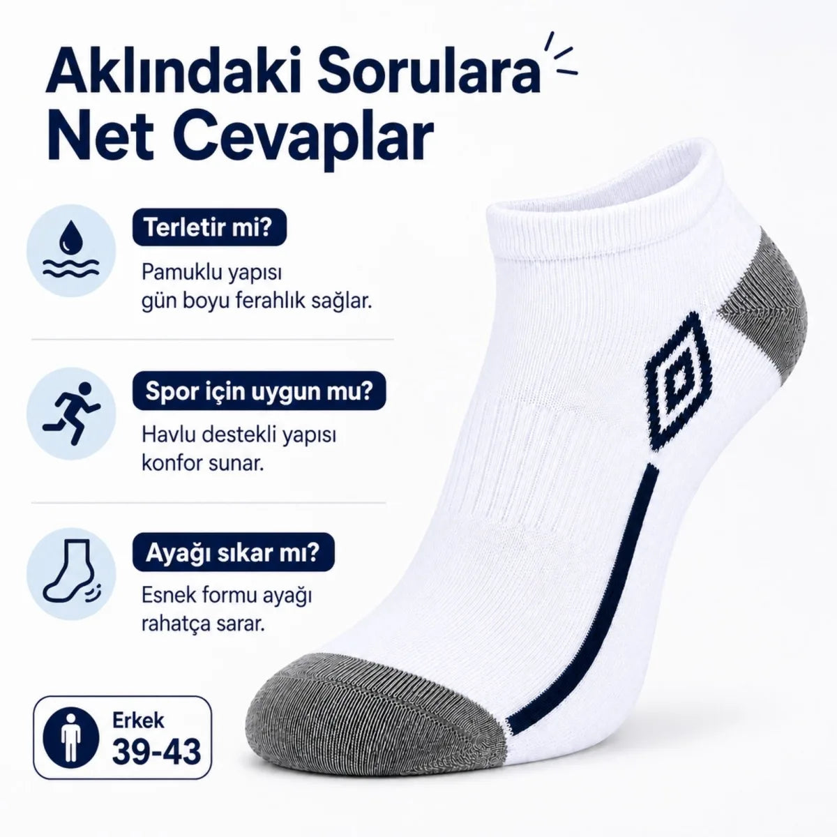 Erkek 6’lı Spor Patik Çorap 39-44 Pamuklu Havlu Destekli Bilek Boy Beyaz Gri