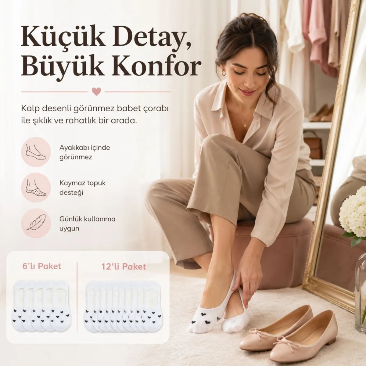 Kadın Kalp Desenli Görünmez Ekonomik Babet Çorabı 12’li Paket – Siyah, Beyaz ve Karışık Renk Kaymaz Topuklu Pamuklu Çorap