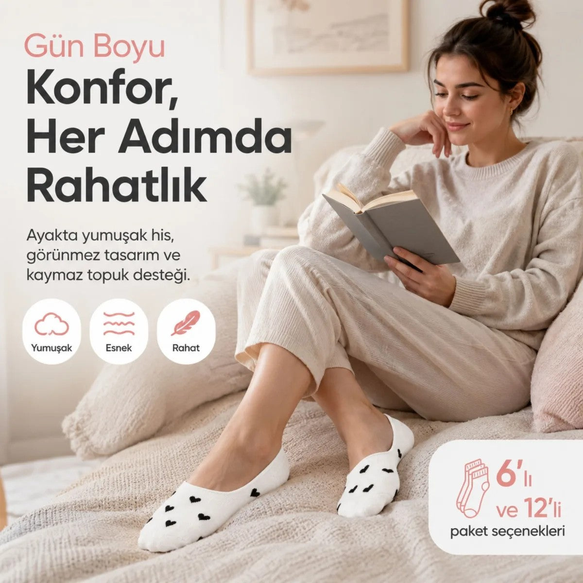 Kadın Kalp Desenli Görünmez Ekonomik Babet Çorabı 12’li Paket – Siyah, Beyaz ve Karışık Renk Kaymaz Topuklu Pamuklu Çorap