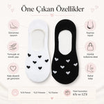 Kadın Kalp Desenli Görünmez Ekonomik Babet Çorabı 12’li Paket – Siyah, Beyaz ve Karışık Renk Kaymaz Topuklu Pamuklu Çorap