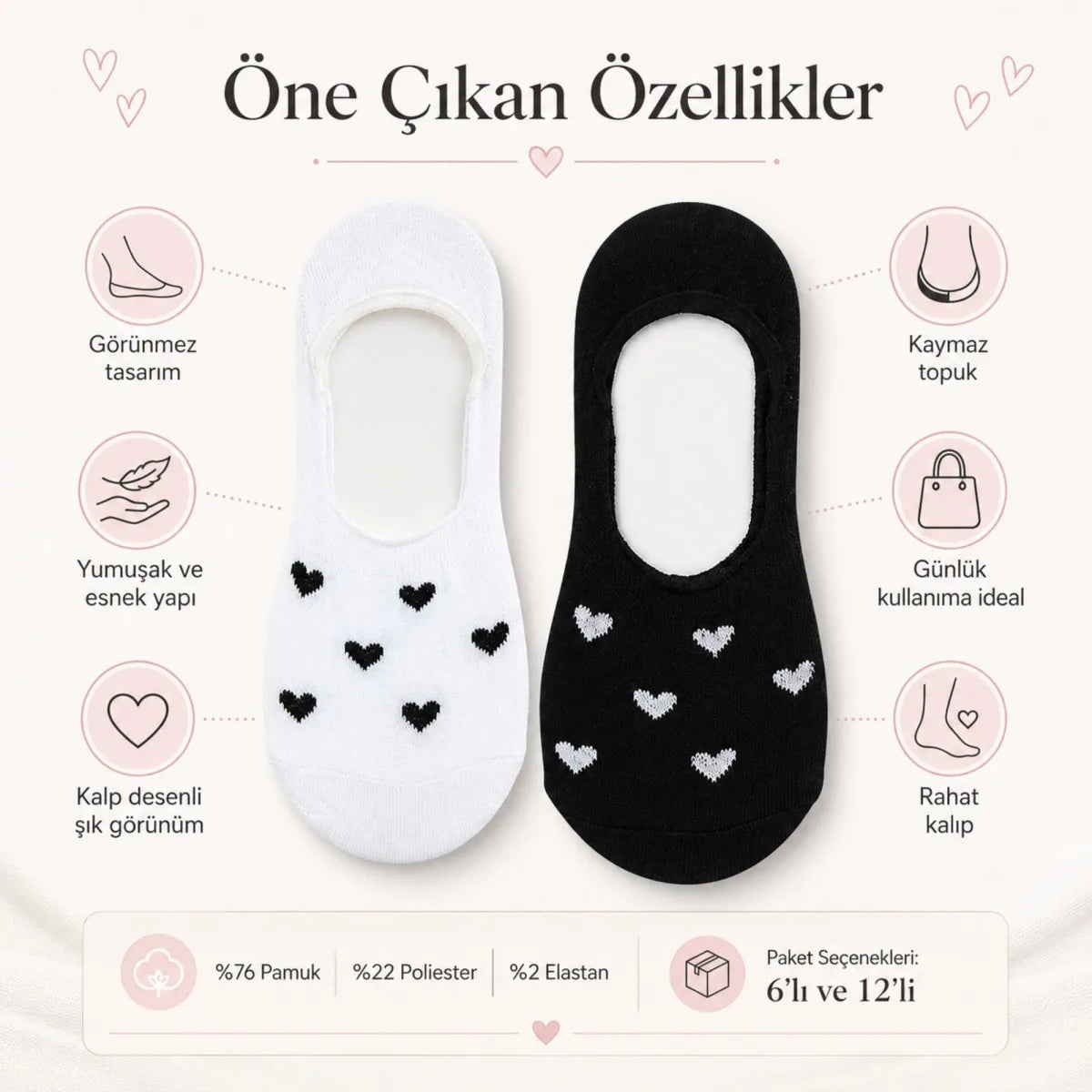 Kadın Kalp Desenli Görünmez Ekonomik Babet Çorabı 12’li Paket – Siyah, Beyaz ve Karışık Renk Kaymaz Topuklu Pamuklu Çorap
