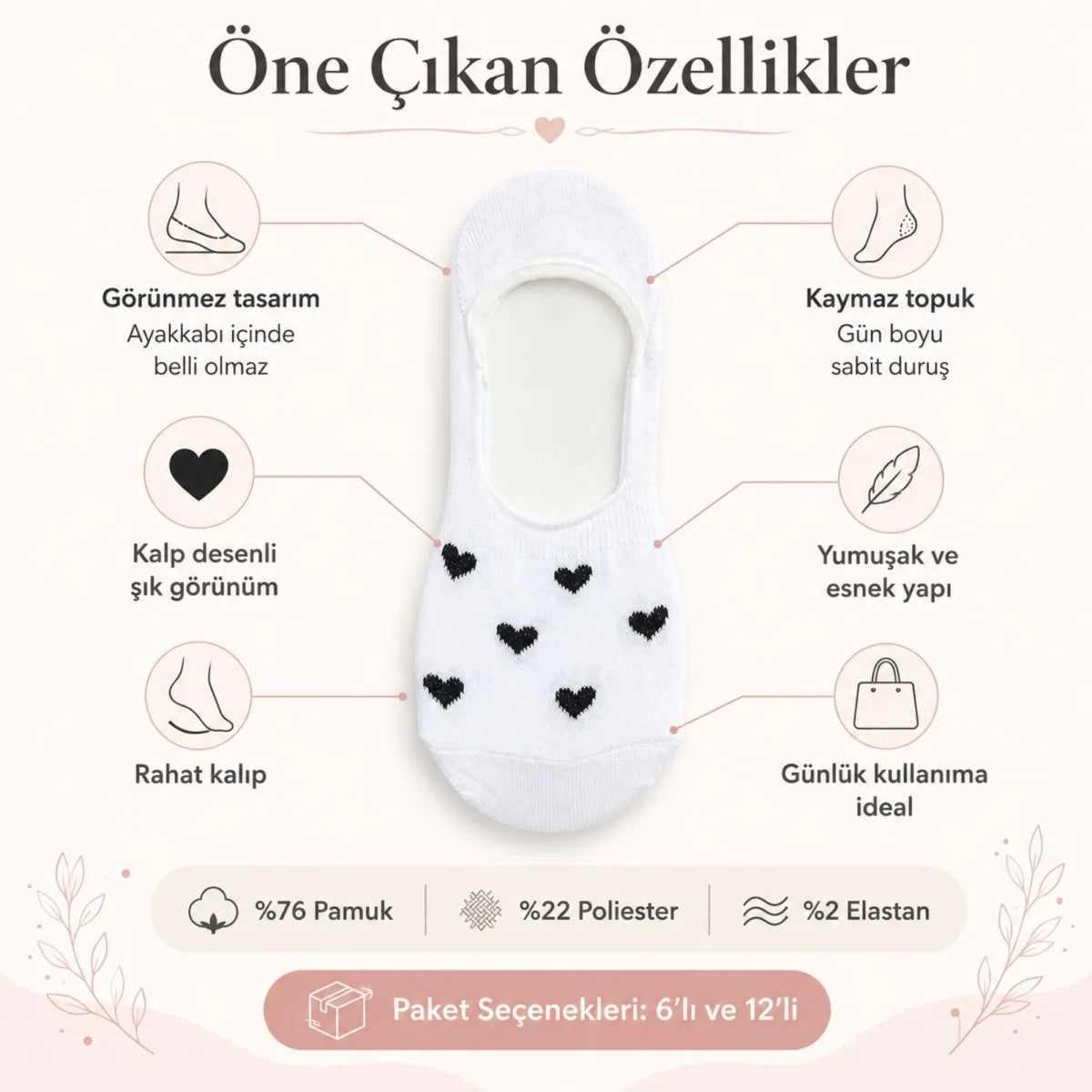 Kadın Kalp Desenli Görünmez Ekonomik Babet Çorabı 12’li Paket – Siyah, Beyaz ve Karışık Renk Kaymaz Topuklu Pamuklu Çorap