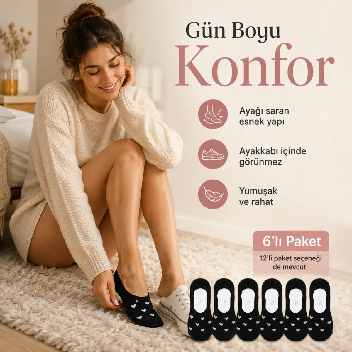 Kadın Kalp Desenli Görünmez Ekonomik Babet Çorabı 12’li Paket – Siyah, Beyaz ve Karışık Renk Kaymaz Topuklu Pamuklu Çorap