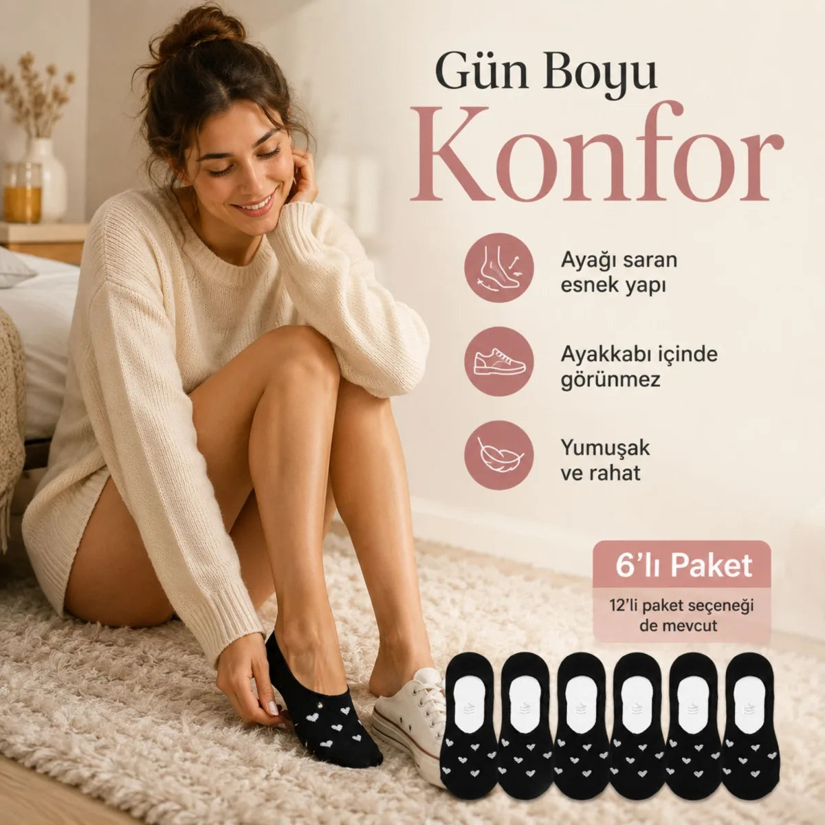 Kadın Kalp Desenli Görünmez Ekonomik Babet Çorabı 6’lı Paket – Siyah, Beyaz ve Karışık Renk Kaymaz Topuklu Pamuklu Çorap
