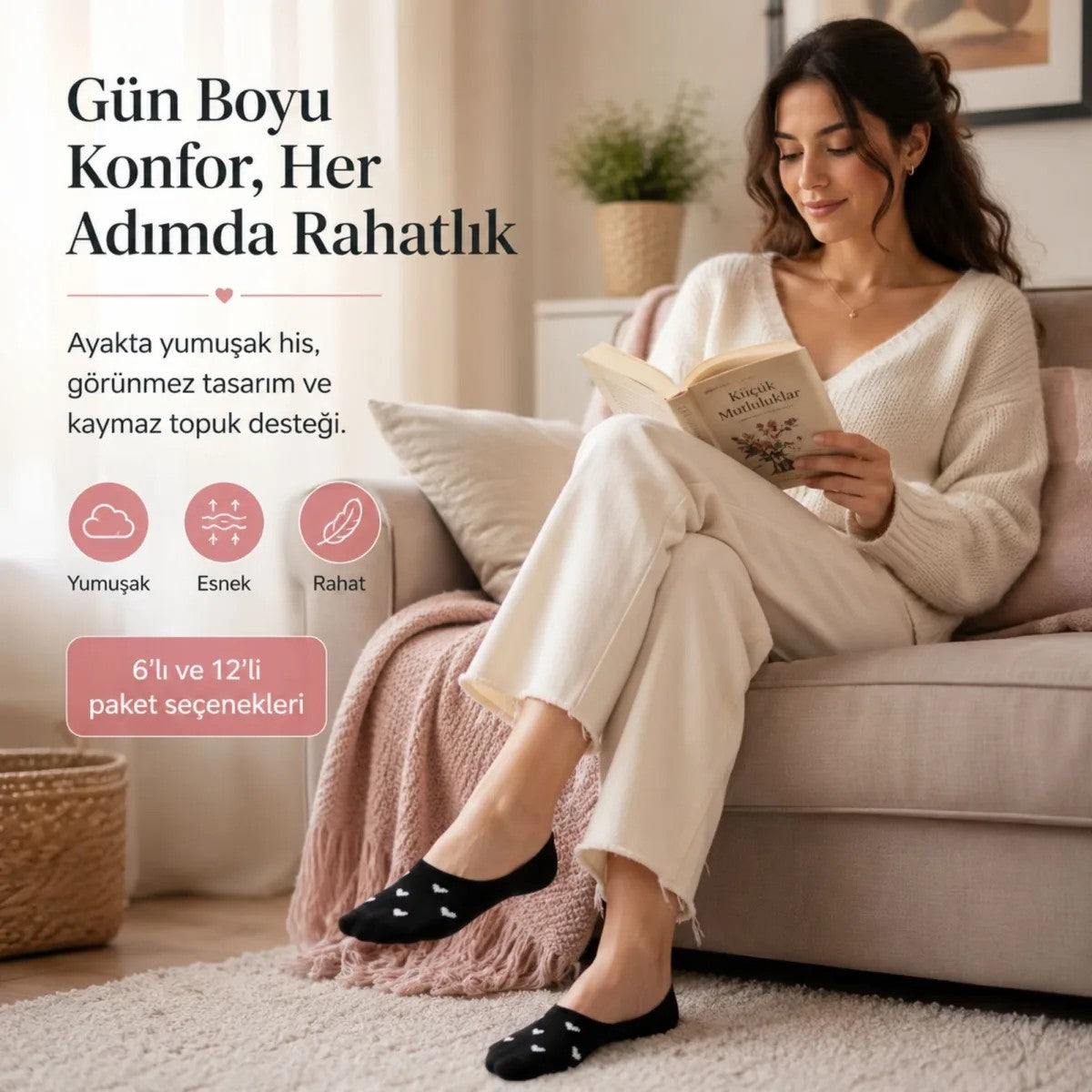 Kadın Kalp Desenli Görünmez Ekonomik Babet Çorabı 6’lı Paket – Siyah, Beyaz ve Karışık Renk Kaymaz Topuklu Pamuklu Çorap