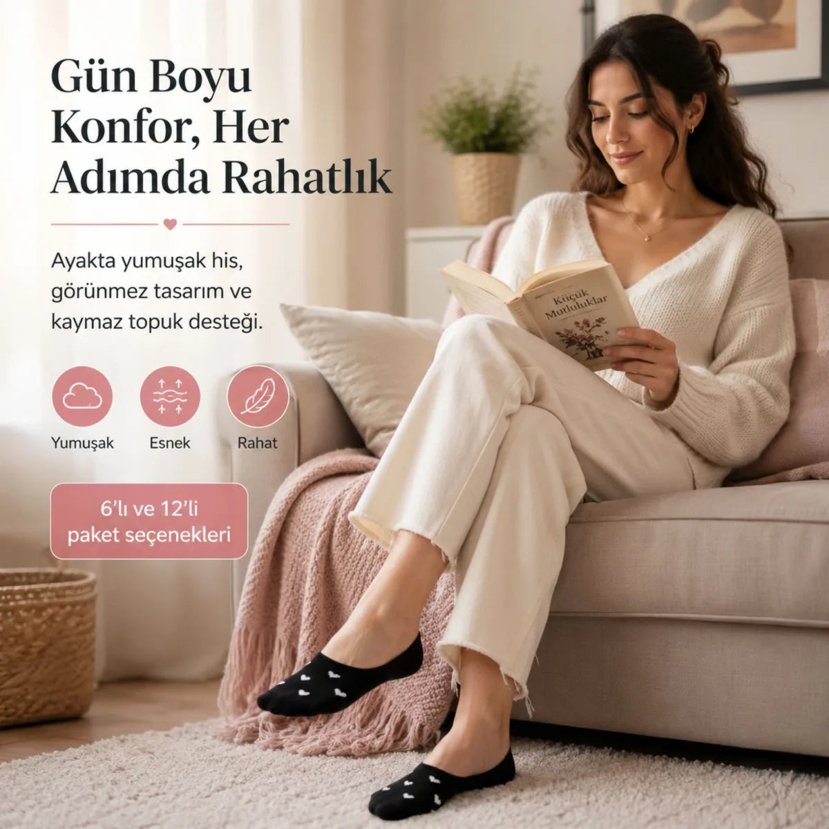 Kadın Kalp Desenli Görünmez Ekonomik Babet Çorabı 6’lı Paket – Siyah, Beyaz ve Karışık Renk Kaymaz Topuklu Pamuklu Çorap