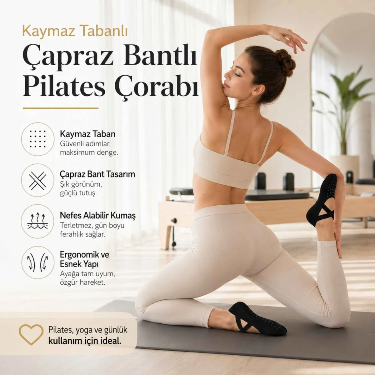 Kaymaz Tabanlı Kadın Balerin Tasarımlı Yoga Pilates Çorabı Çapraz Bantlı Spor Çorap Hac Umre Çorabı