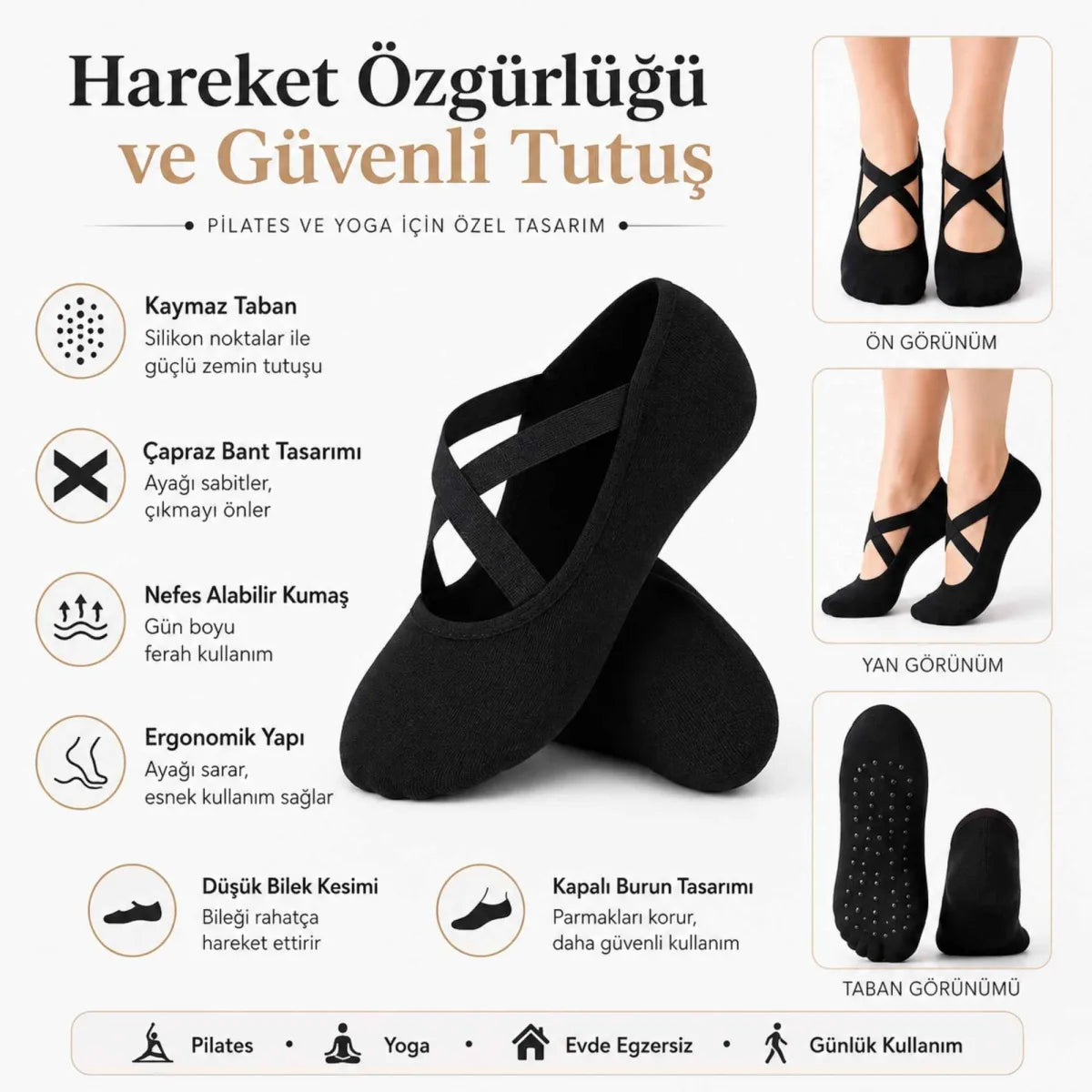 Kaymaz Tabanlı Kadın Balerin Tasarımlı Yoga Pilates Çorabı Çapraz Bantlı Spor Çorap Hac Umre Çorabı