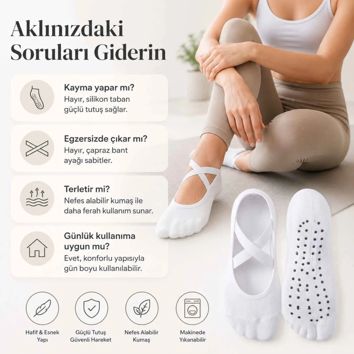 Kaymaz Tabanlı 3’lü Kadın Balerin Tasarımlı Yoga Pilates Çorabı Çapraz Bantlı Spor Çorap Hac Umre Çorabı
