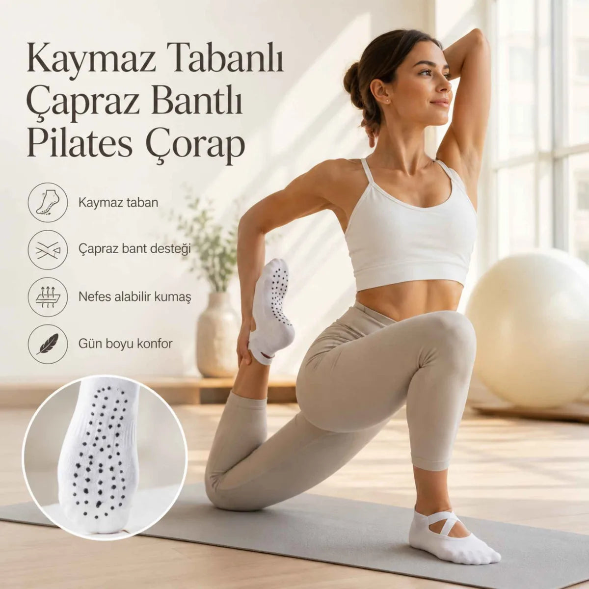 Kaymaz Tabanlı 3’lü Kadın Balerin Tasarımlı Yoga Pilates Çorabı Çapraz Bantlı Spor Çorap Hac Umre Çorabı