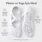 Kaymaz Tabanlı 3’lü Kadın Balerin Tasarımlı Yoga Pilates Çorabı Çapraz Bantlı Spor Çorap Hac Umre Çorabı