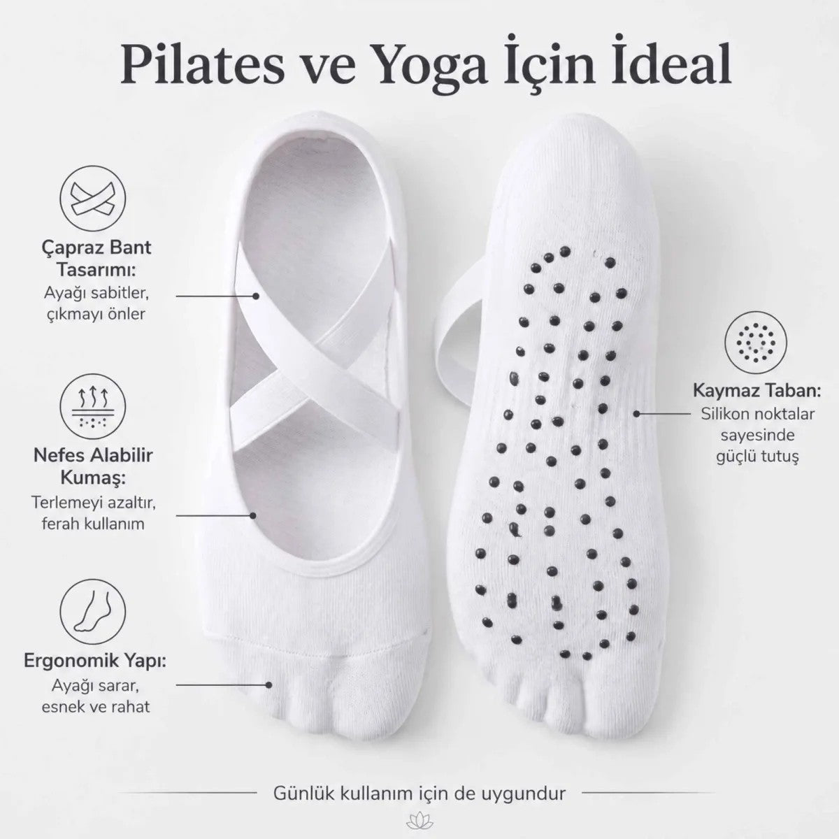 Kaymaz Tabanlı 3’lü Kadın Balerin Tasarımlı Yoga Pilates Çorabı Çapraz Bantlı Spor Çorap Hac Umre Çorabı
