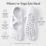 Kaymaz Tabanlı 3’lü Kadın Balerin Tasarımlı Yoga Pilates Çorabı Çapraz Bantlı Spor Çorap Hac Umre Çorabı