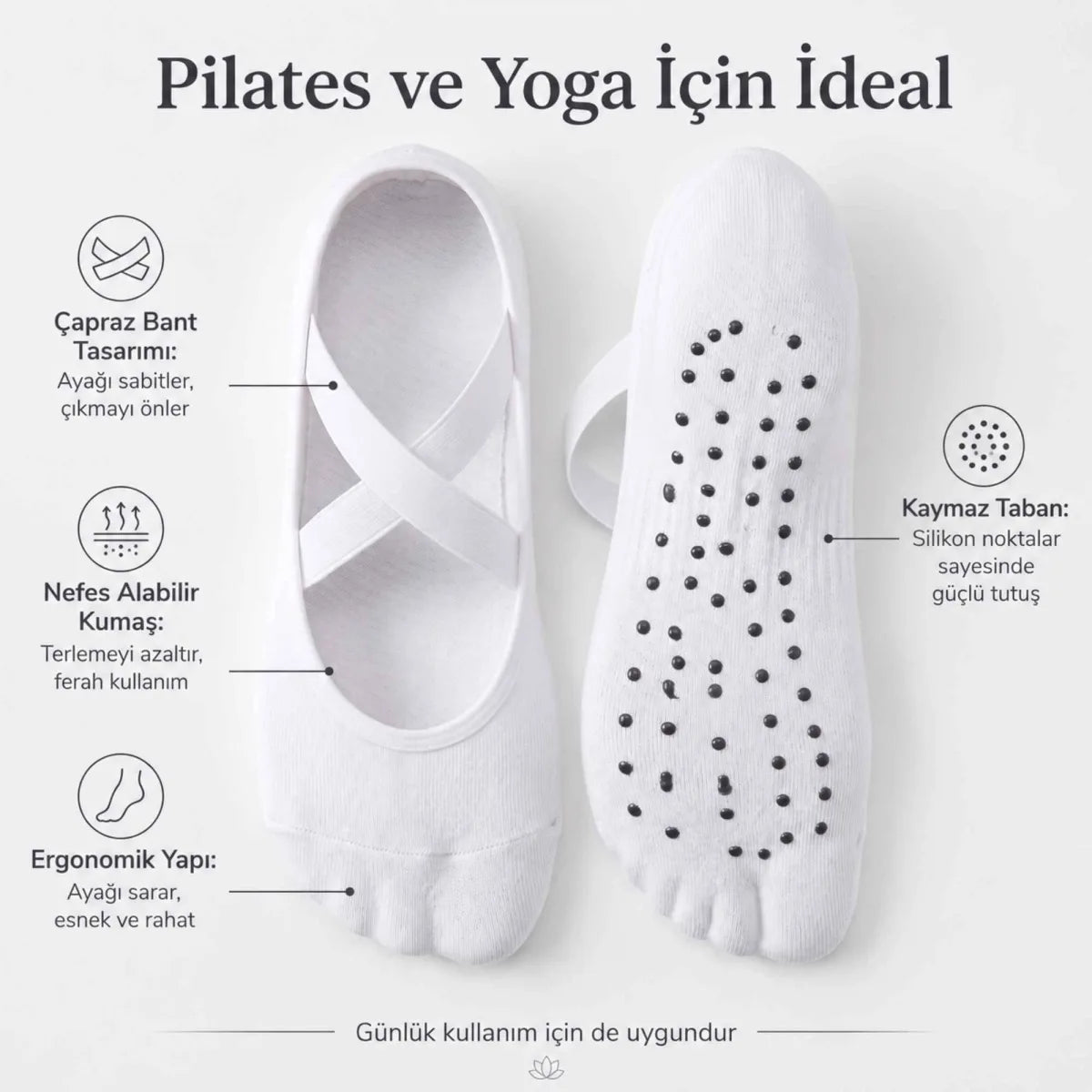 Kaymaz Tabanlı 3’lü Kadın Balerin Tasarımlı Yoga Pilates Çorabı Çapraz Bantlı Spor Çorap Hac Umre Çorabı