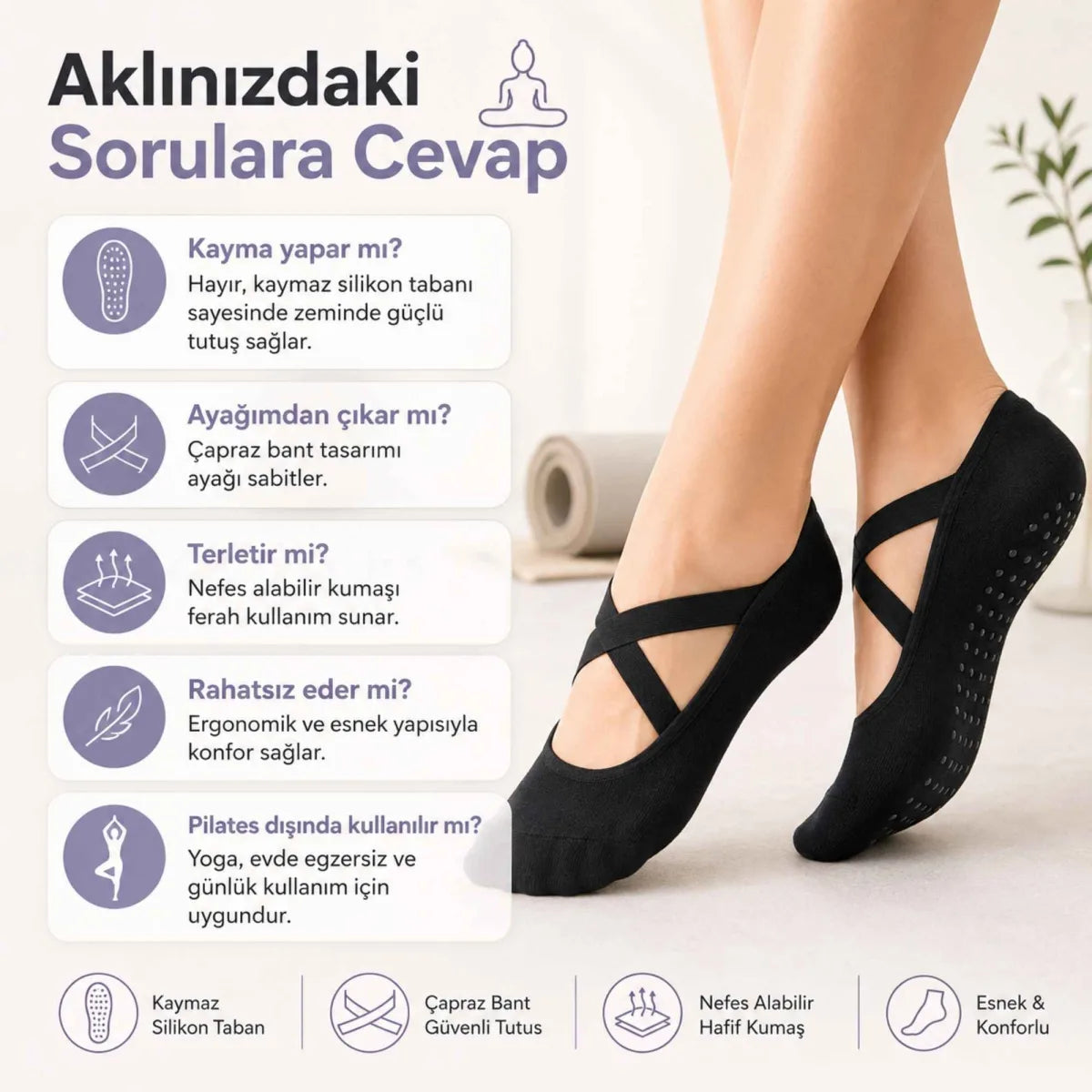 Kaymaz Tabanlı 3’lü Kadın Balerin Tasarımlı Yoga Pilates Çorabı Çapraz Bantlı Spor Çorap Hac Umre Çorabı