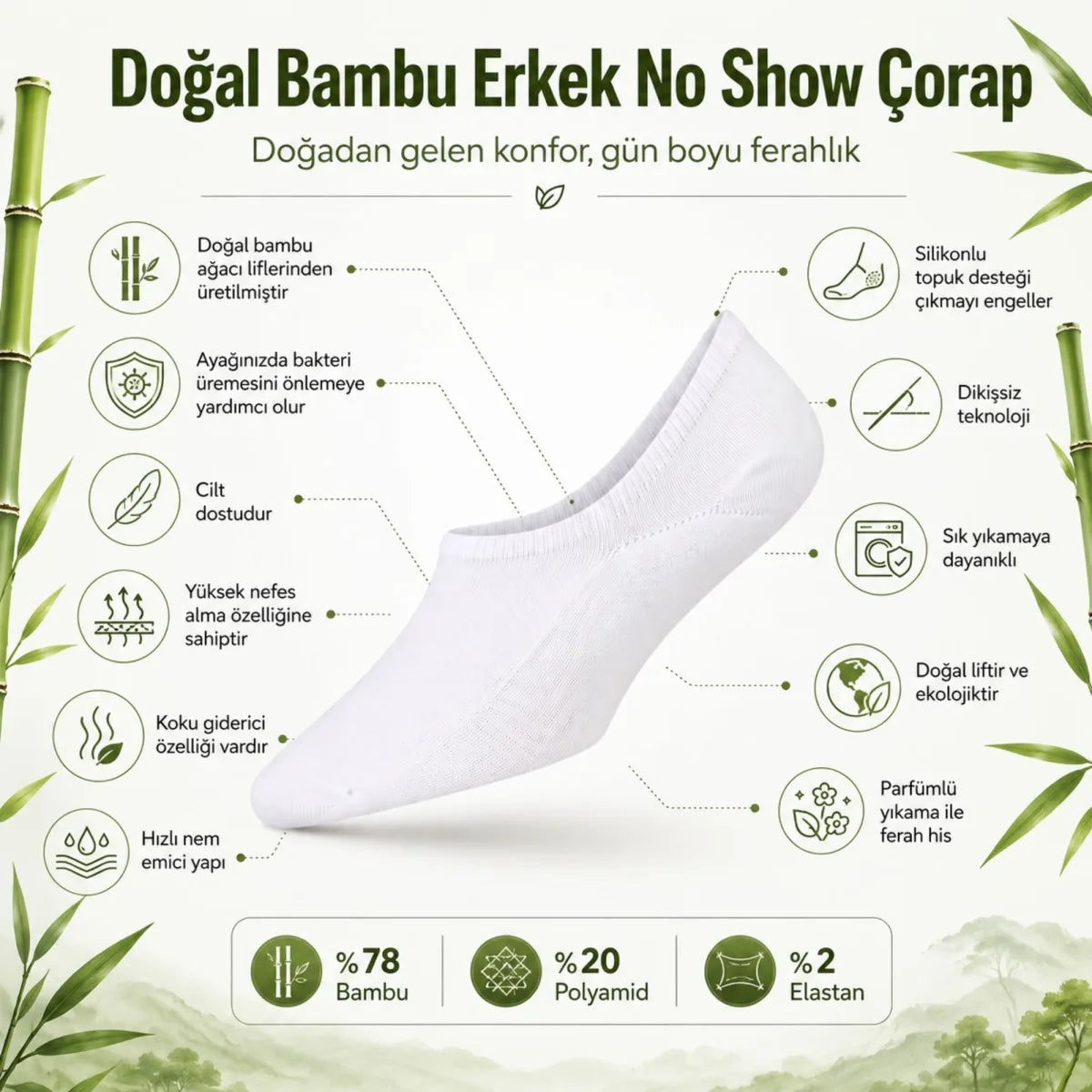 Erkek Bambu 12’li Babet Çorap Görünmez No Show Dikişsiz Silikon Topuklu