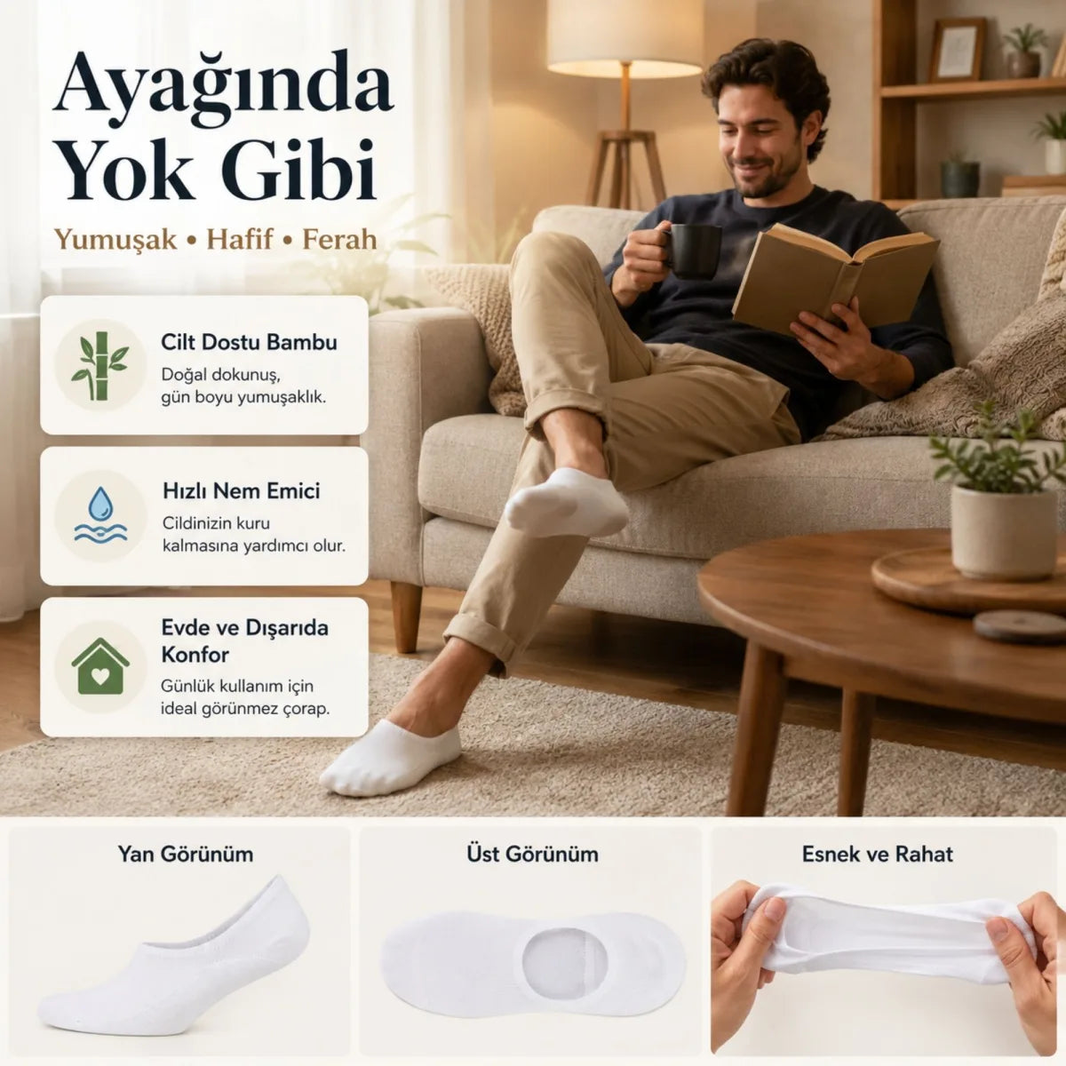 Erkek Bambu 12’li Babet Çorap Görünmez No Show Dikişsiz Silikon Topuklu