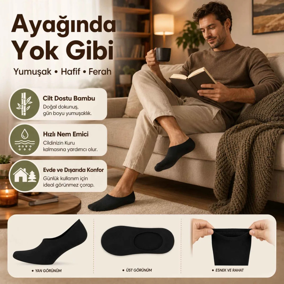 Erkek Bambu 12’li Babet Çorap Görünmez No Show Dikişsiz Silikon Topuklu